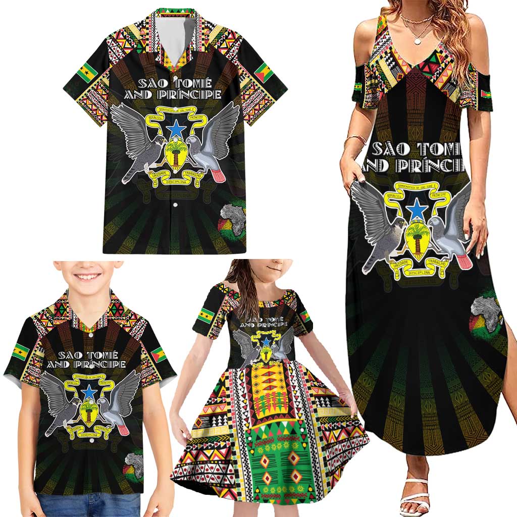 Personalized Sao Tome and Principe Roots Family Matching Summer Maxi Dress and Hawaiian Shirt African Map in Fingerprint and Tribal Colors
