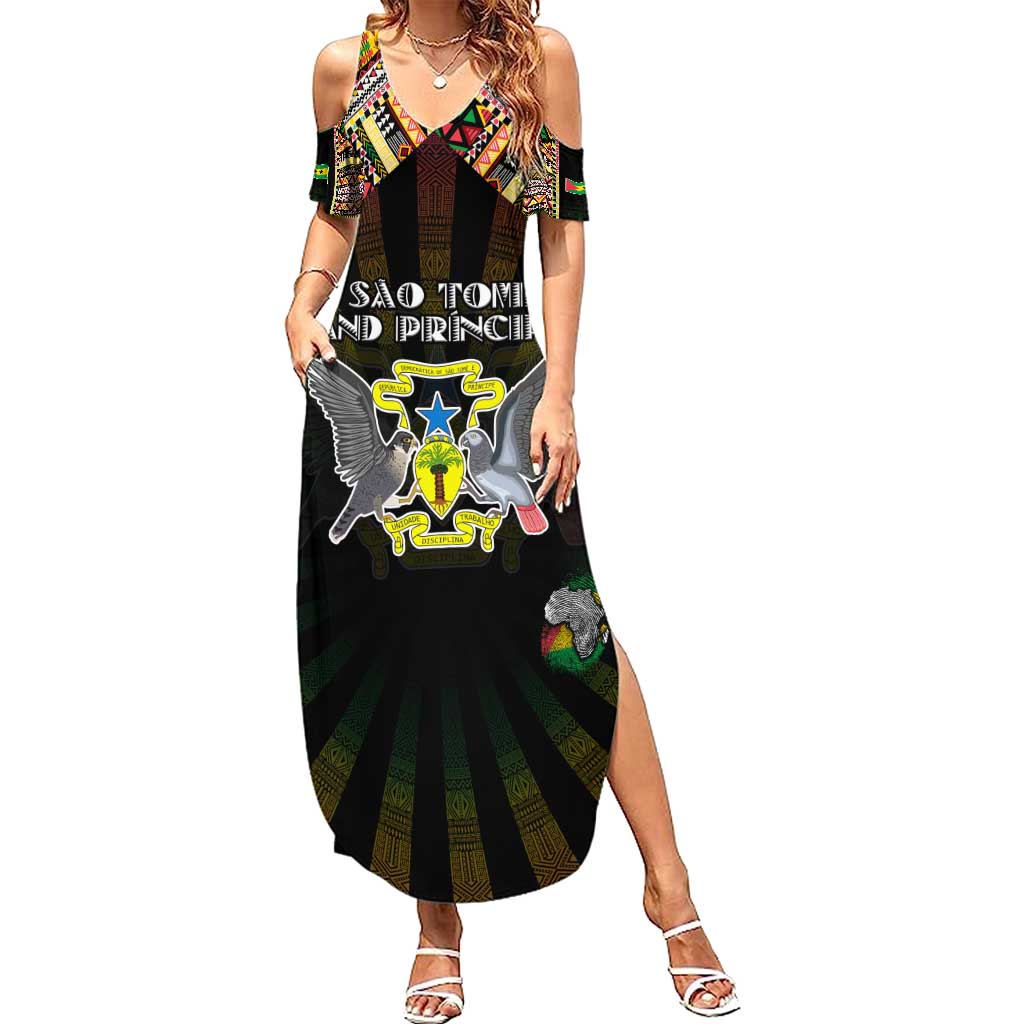 Personalized Sao Tome and Principe Roots Family Matching Summer Maxi Dress and Hawaiian Shirt African Map in Fingerprint and Tribal Colors