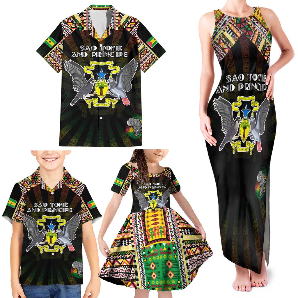 Personalized Sao Tome and Principe Roots Family Matching Tank Maxi Dress and Hawaiian Shirt African Map in Fingerprint and Tribal Colors
