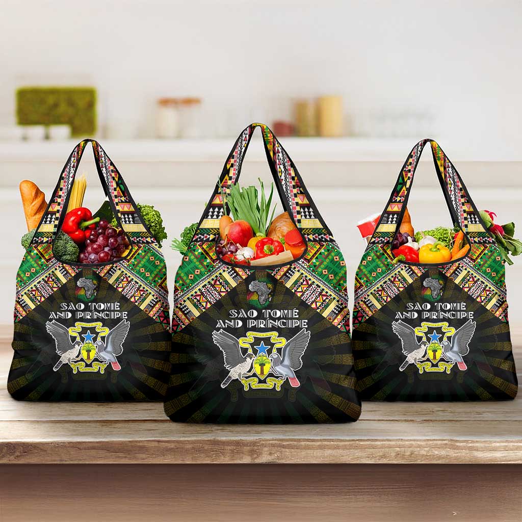 Sao Tome and Principe Roots Grocery Bag African Map in Fingerprint and Tribal Colors