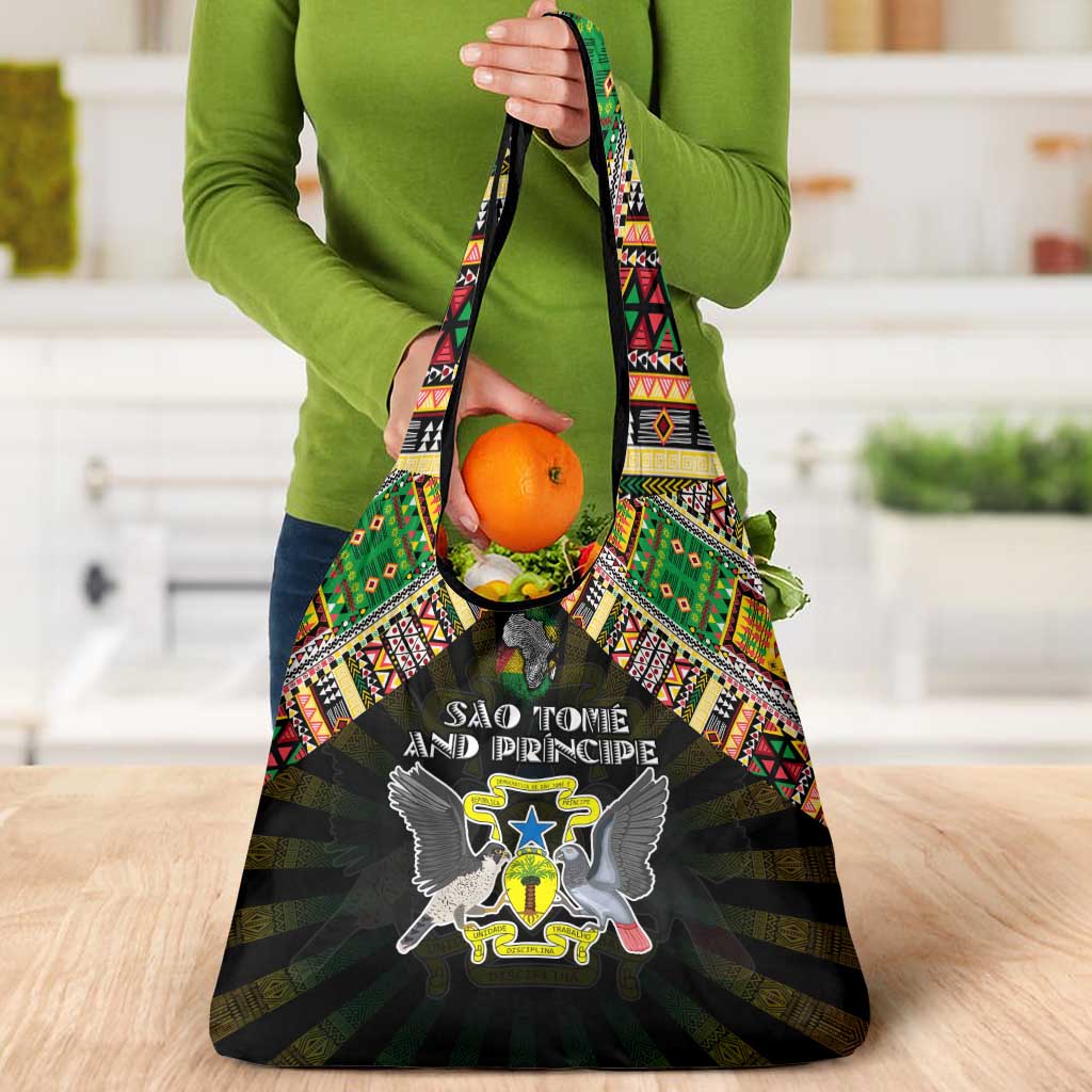 Sao Tome and Principe Roots Grocery Bag African Map in Fingerprint and Tribal Colors