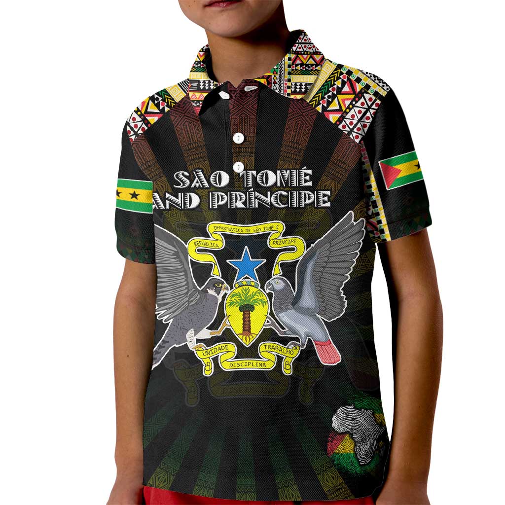 Personalized Sao Tome and Principe Roots Kid Polo Shirt African Map in Fingerprint and Tribal Colors