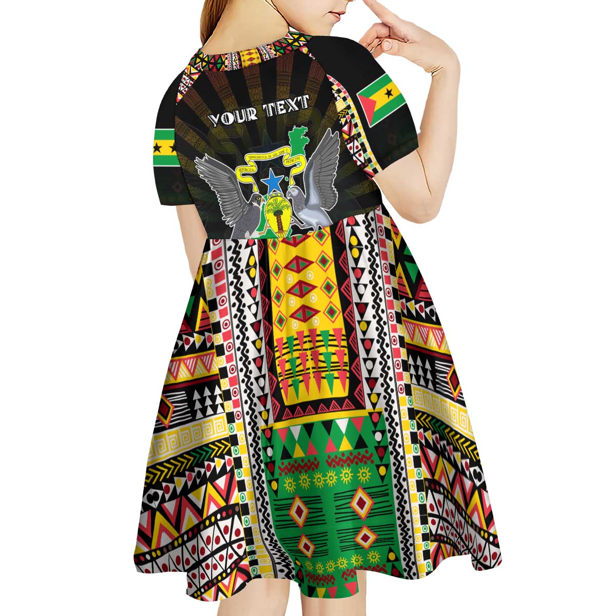 Personalized Sao Tome and Principe Roots Kid Short Sleeve Dress African Map in Fingerprint and Tribal Colors