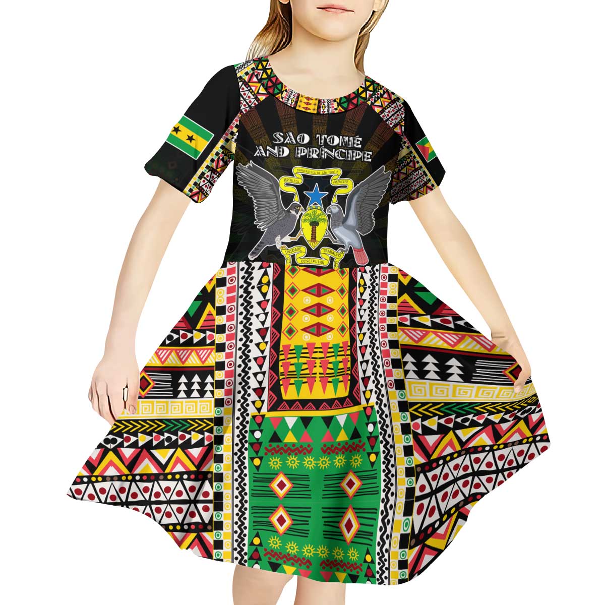 Personalized Sao Tome and Principe Roots Kid Short Sleeve Dress African Map in Fingerprint and Tribal Colors