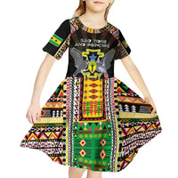 Personalized Sao Tome and Principe Roots Kid Short Sleeve Dress African Map in Fingerprint and Tribal Colors