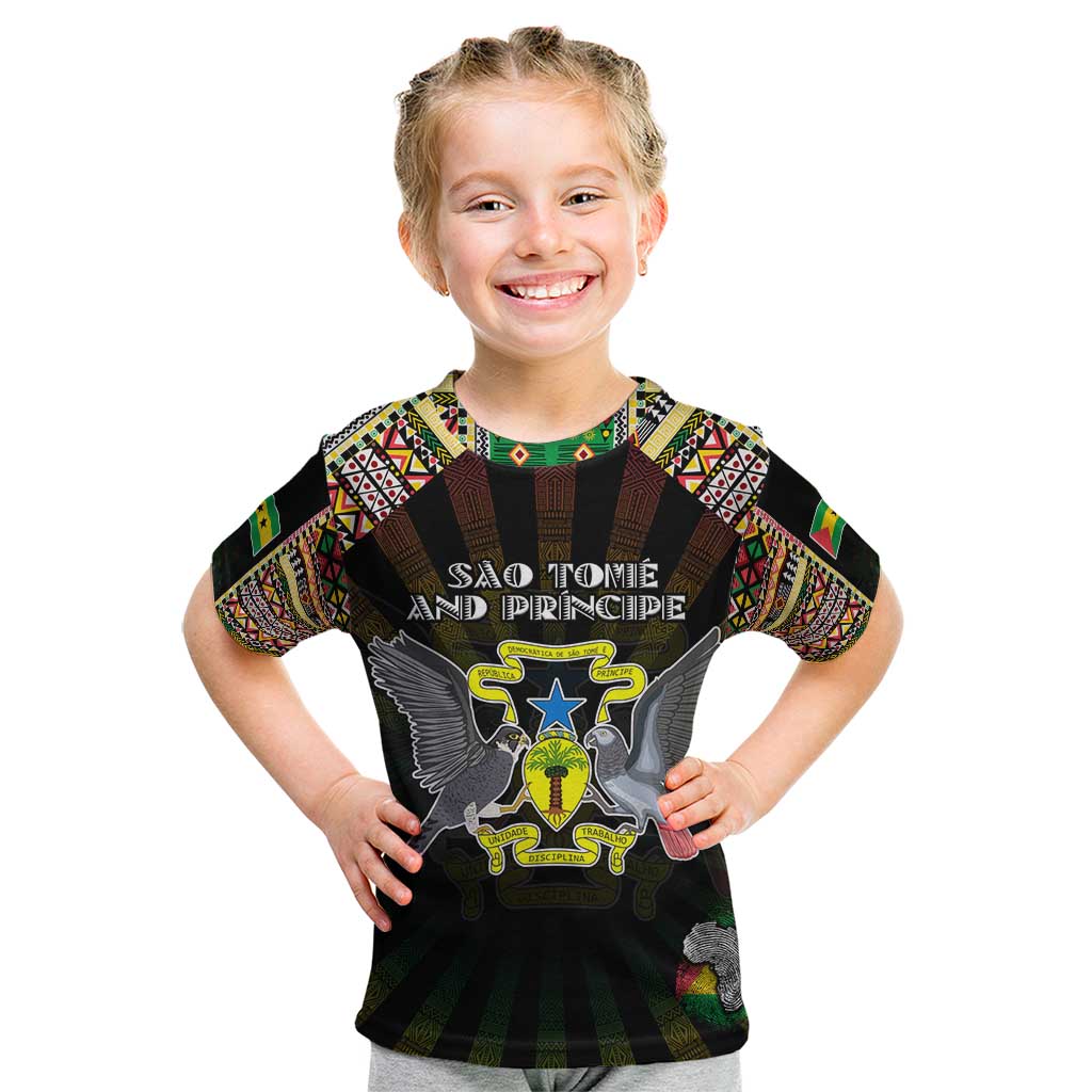 Personalized Sao Tome and Principe Roots Kid T Shirt African Map in Fingerprint and Tribal Colors