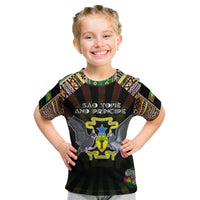 Personalized Sao Tome and Principe Roots Kid T Shirt African Map in Fingerprint and Tribal Colors