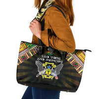 Sao Tome and Principe Roots Leather Tote Bag African Map in Fingerprint and Tribal Colors