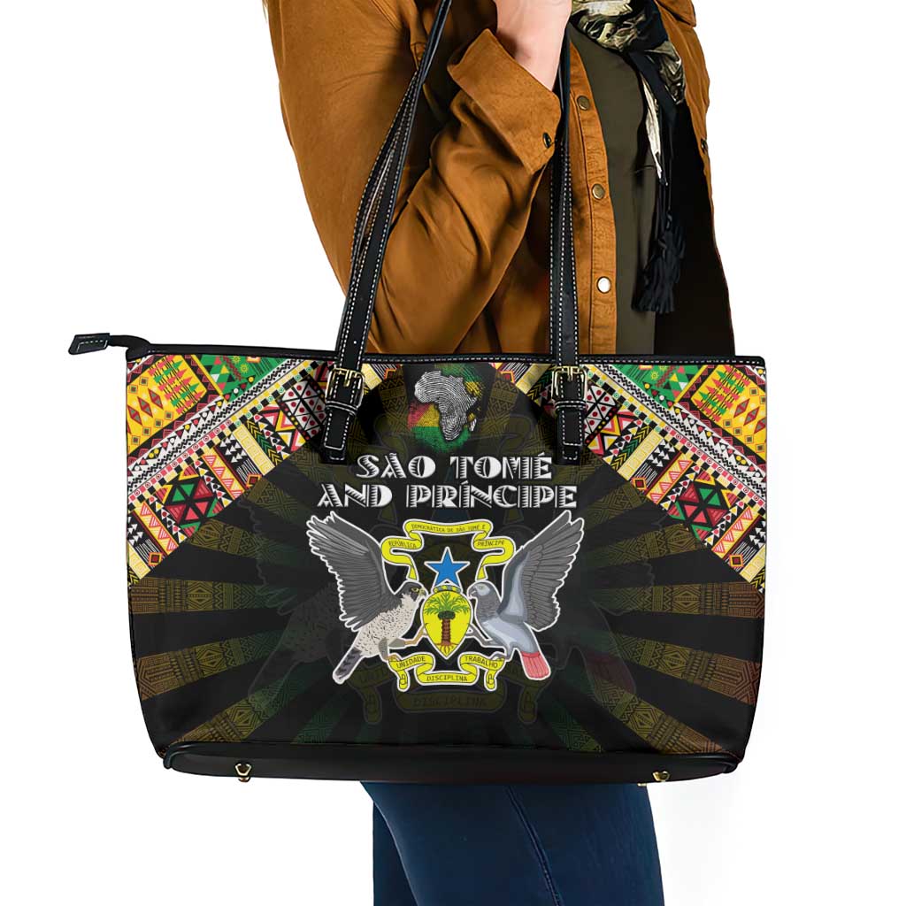 Sao Tome and Principe Roots Leather Tote Bag African Map in Fingerprint and Tribal Colors