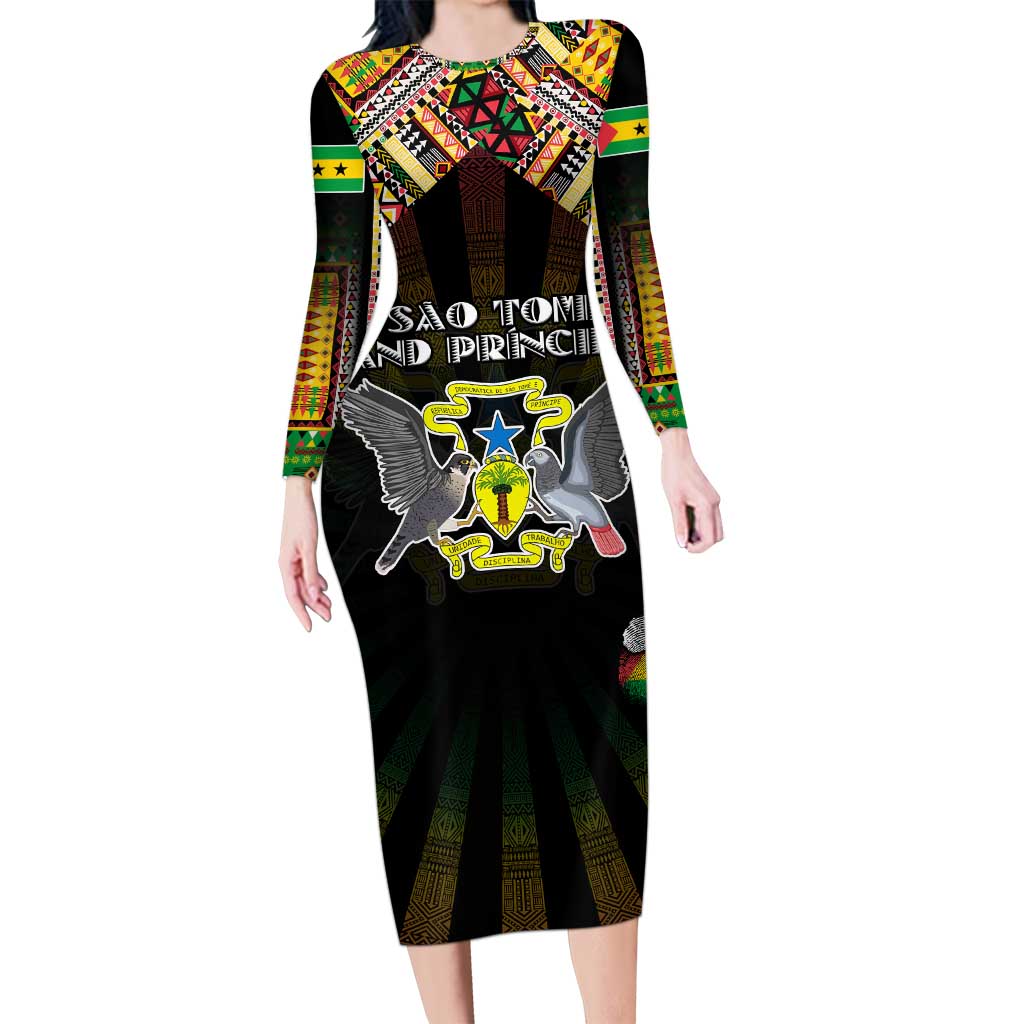 Personalized Sao Tome and Principe Roots Long Sleeve Bodycon Dress African Map in Fingerprint and Tribal Colors