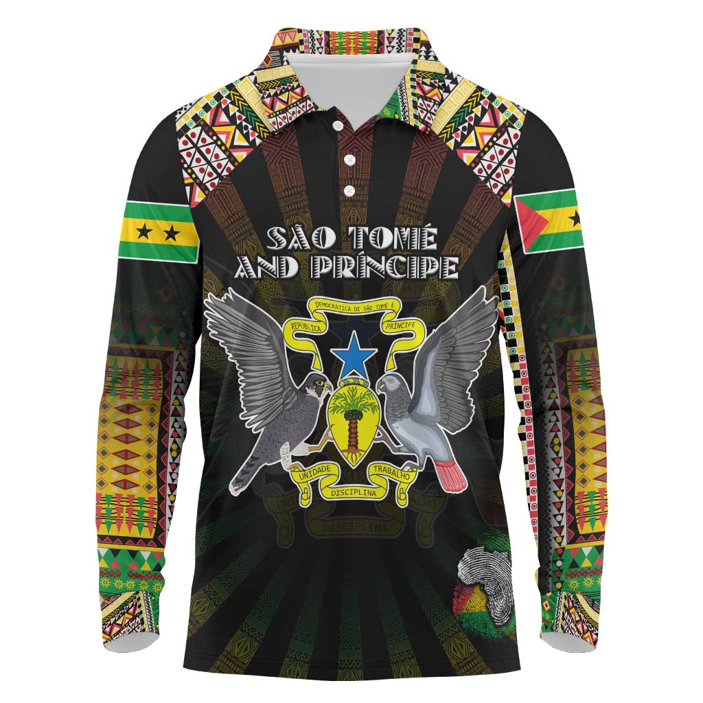 Personalized Sao Tome and Principe Roots Long Sleeve Polo Shirt African Map in Fingerprint and Tribal Colors