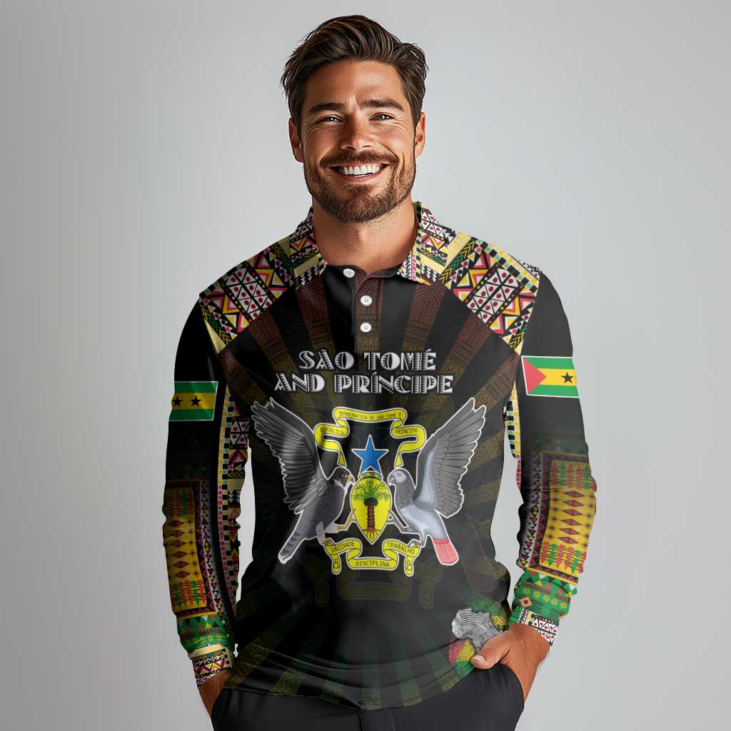 Personalized Sao Tome and Principe Roots Long Sleeve Polo Shirt African Map in Fingerprint and Tribal Colors