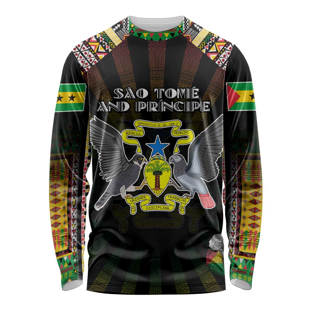 Personalized Sao Tome and Principe Roots Long Sleeve Shirt African Map in Fingerprint and Tribal Colors