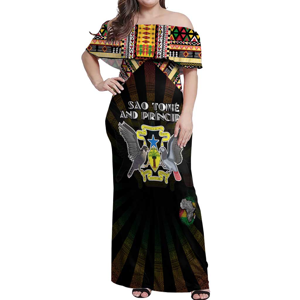 Personalized Sao Tome and Principe Roots Off Shoulder Maxi Dress African Map in Fingerprint and Tribal Colors