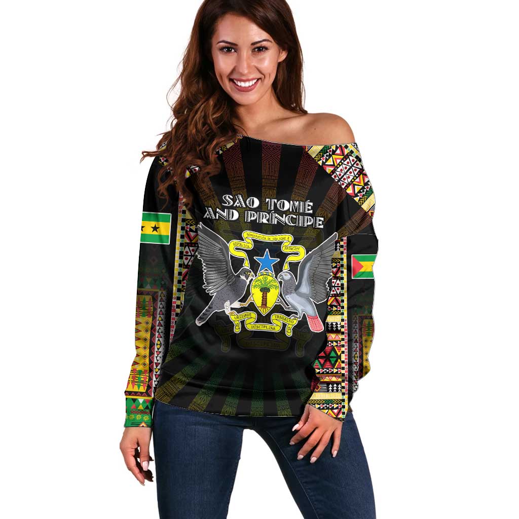 Personalized Sao Tome and Principe Roots Off Shoulder Sweater African Map in Fingerprint and Tribal Colors