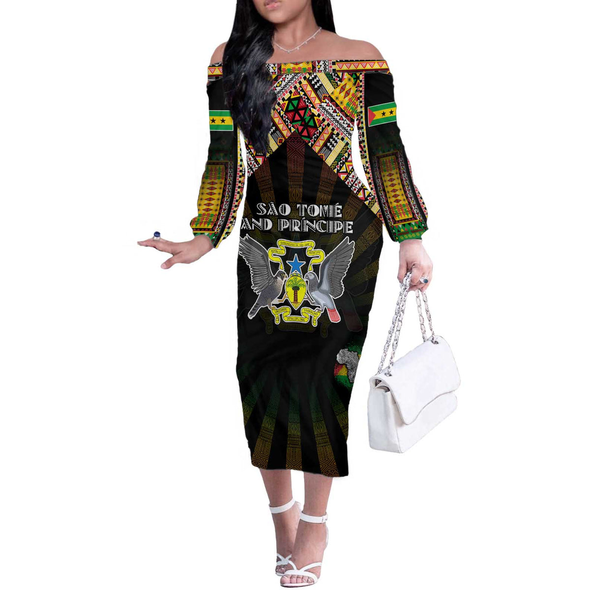 Personalized Sao Tome and Principe Roots Off The Shoulder Long Sleeve Dress African Map in Fingerprint and Tribal Colors