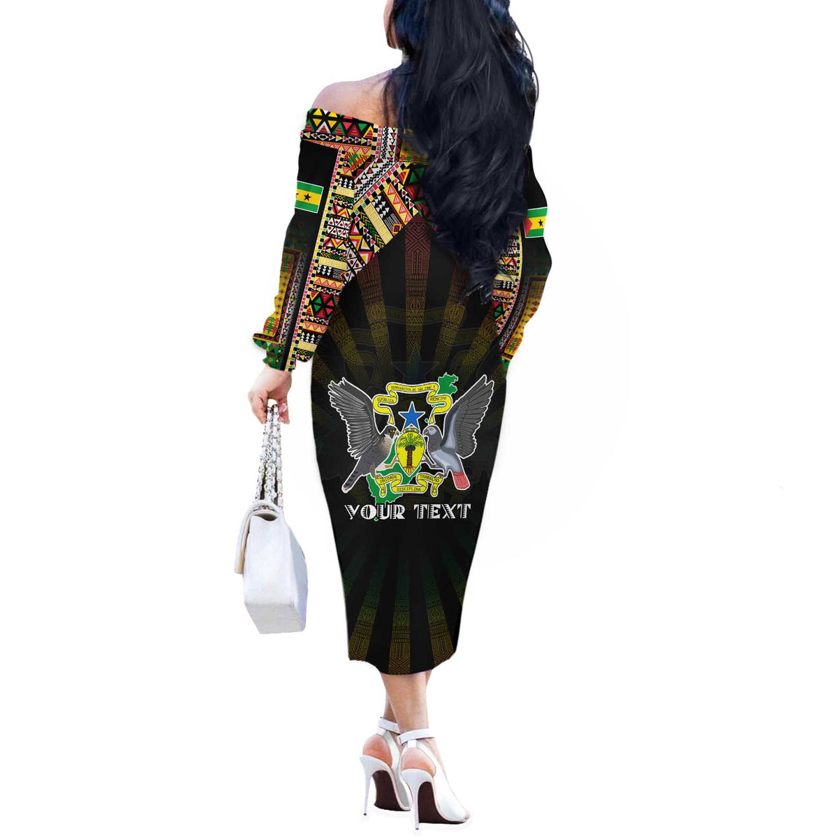 Personalized Sao Tome and Principe Roots Off The Shoulder Long Sleeve Dress African Map in Fingerprint and Tribal Colors