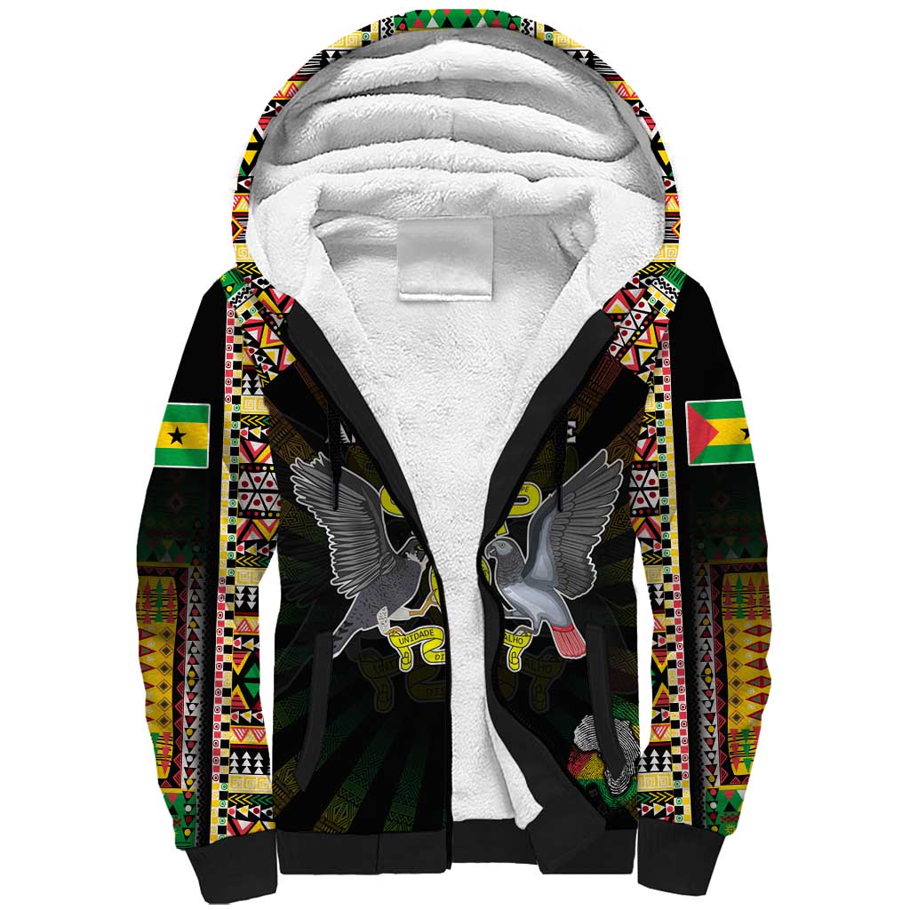 Personalized Sao Tome and Principe Roots Sherpa Hoodie African Map in Fingerprint and Tribal Colors