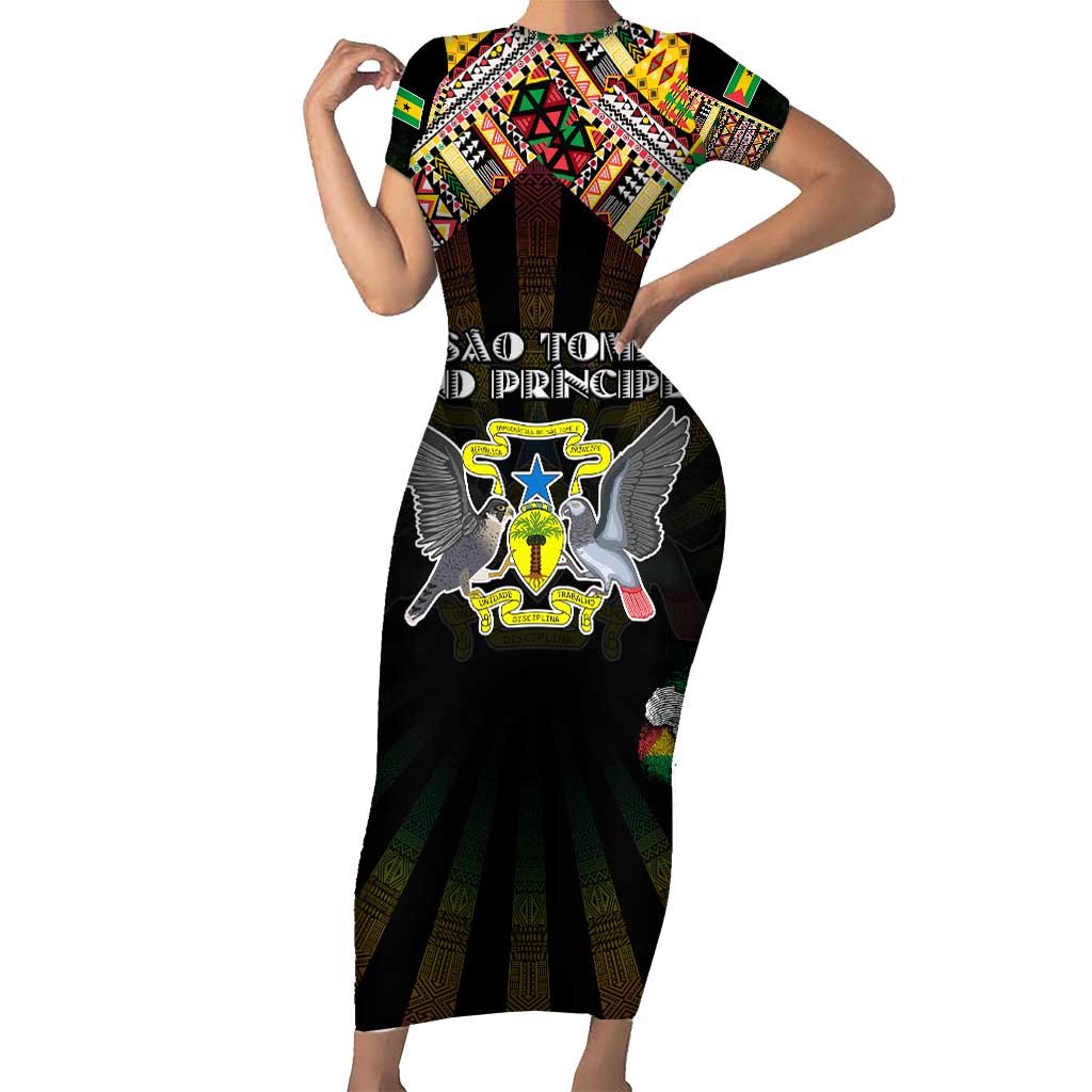 Personalized Sao Tome and Principe Roots Short Sleeve Bodycon Dress African Map in Fingerprint and Tribal Colors