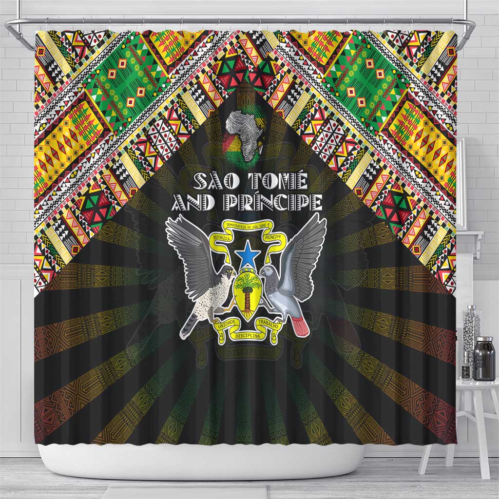 Sao Tome and Principe Roots Shower Curtain African Map in Fingerprint and Tribal Colors
