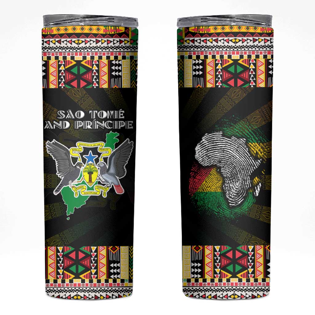 Sao Tome and Principe Roots Skinny Tumbler African Map in Fingerprint and Tribal Colors
