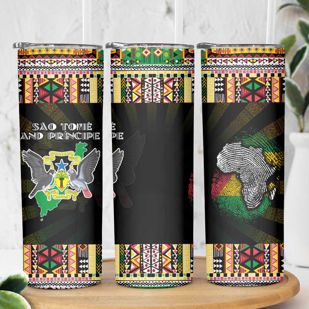 Sao Tome and Principe Roots Skinny Tumbler African Map in Fingerprint and Tribal Colors