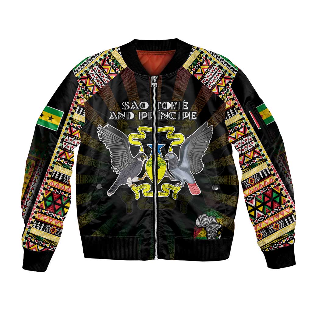 Personalized Sao Tome and Principe Roots Sleeve Zip Bomber Jacket African Map in Fingerprint and Tribal Colors