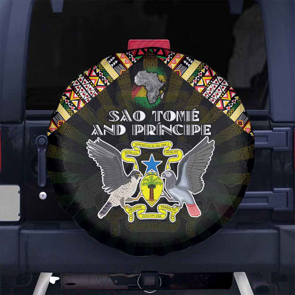 Sao Tome and Principe Roots Spare Tire Cover African Map in Fingerprint and Tribal Colors