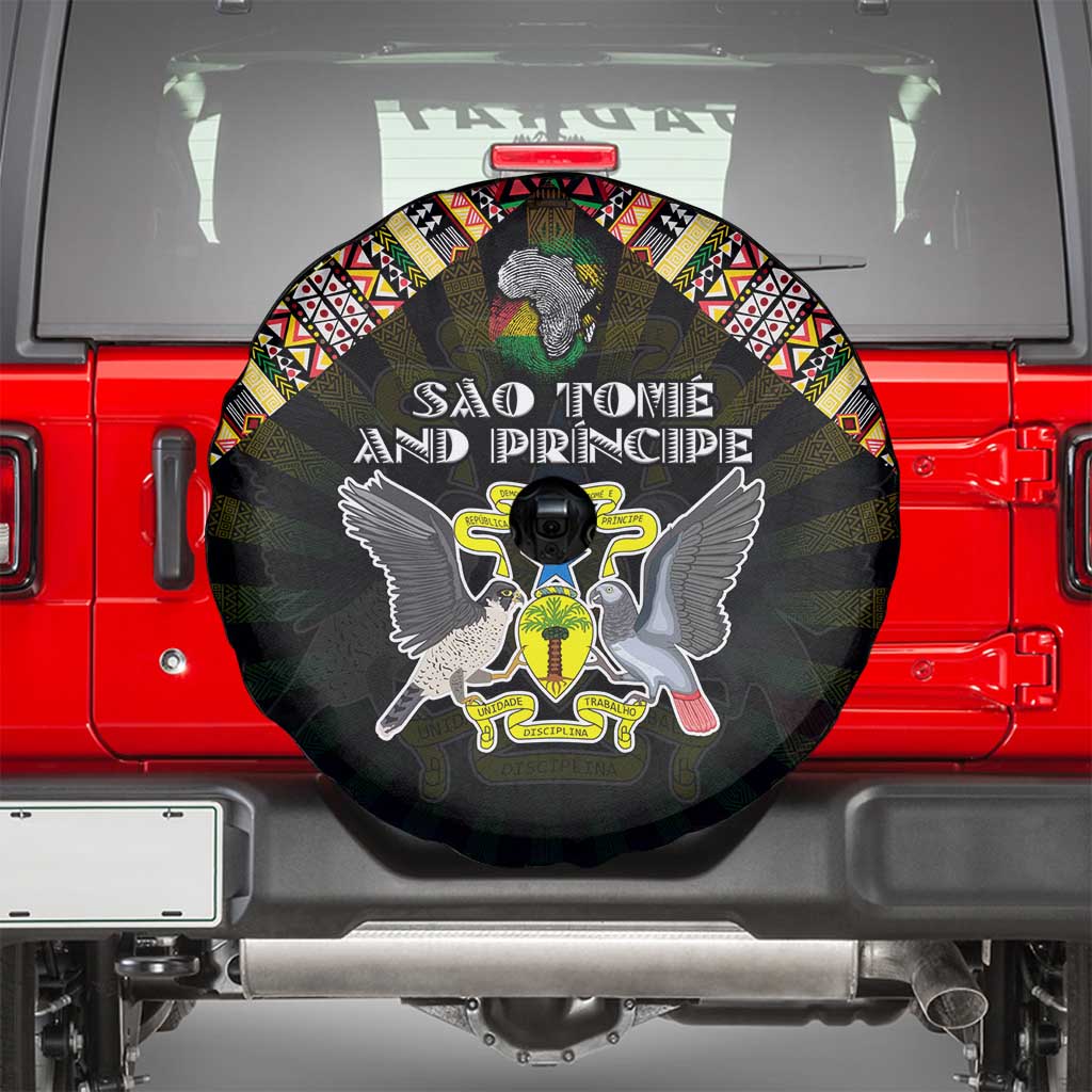 Sao Tome and Principe Roots Spare Tire Cover African Map in Fingerprint and Tribal Colors