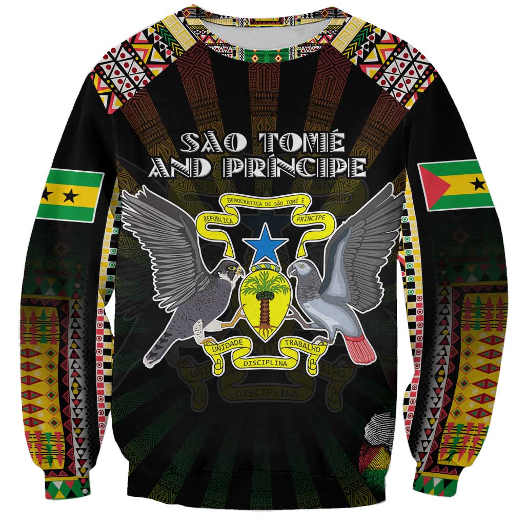 Personalized Sao Tome and Principe Roots Sweatshirt African Map in Fingerprint and Tribal Colors