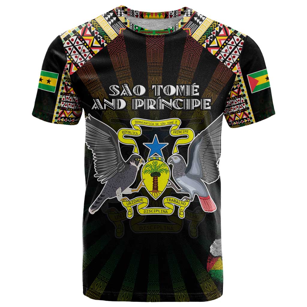 Personalized Sao Tome and Principe Roots T Shirt African Map in Fingerprint and Tribal Colors