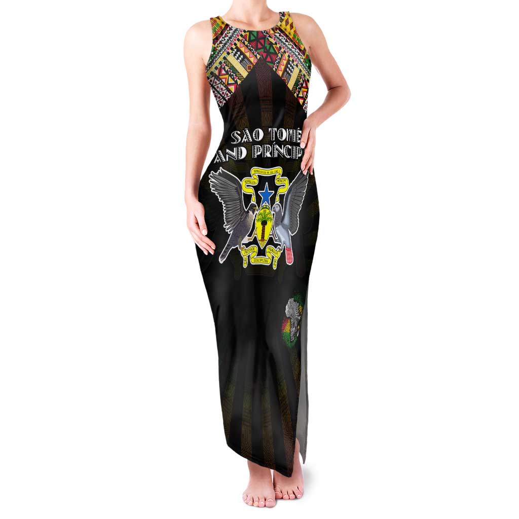 Personalized Sao Tome and Principe Roots Tank Maxi Dress African Map in Fingerprint and Tribal Colors