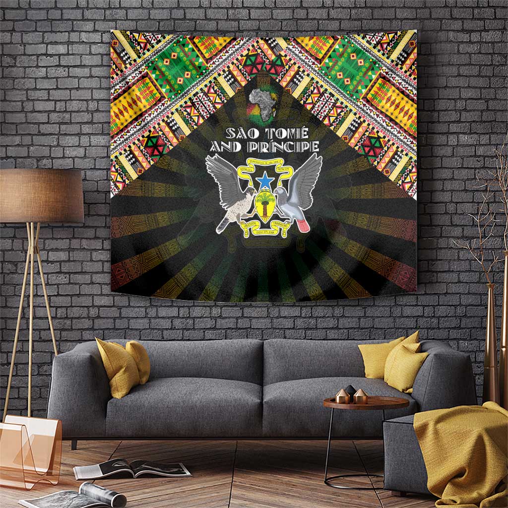 Sao Tome and Principe Roots Tapestry African Map in Fingerprint and Tribal Colors