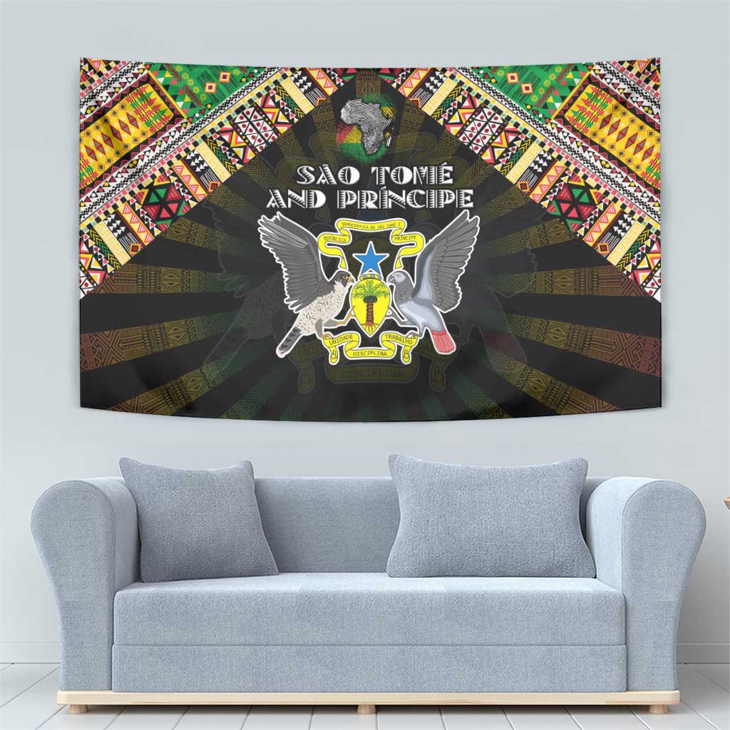 Sao Tome and Principe Roots Tapestry African Map in Fingerprint and Tribal Colors