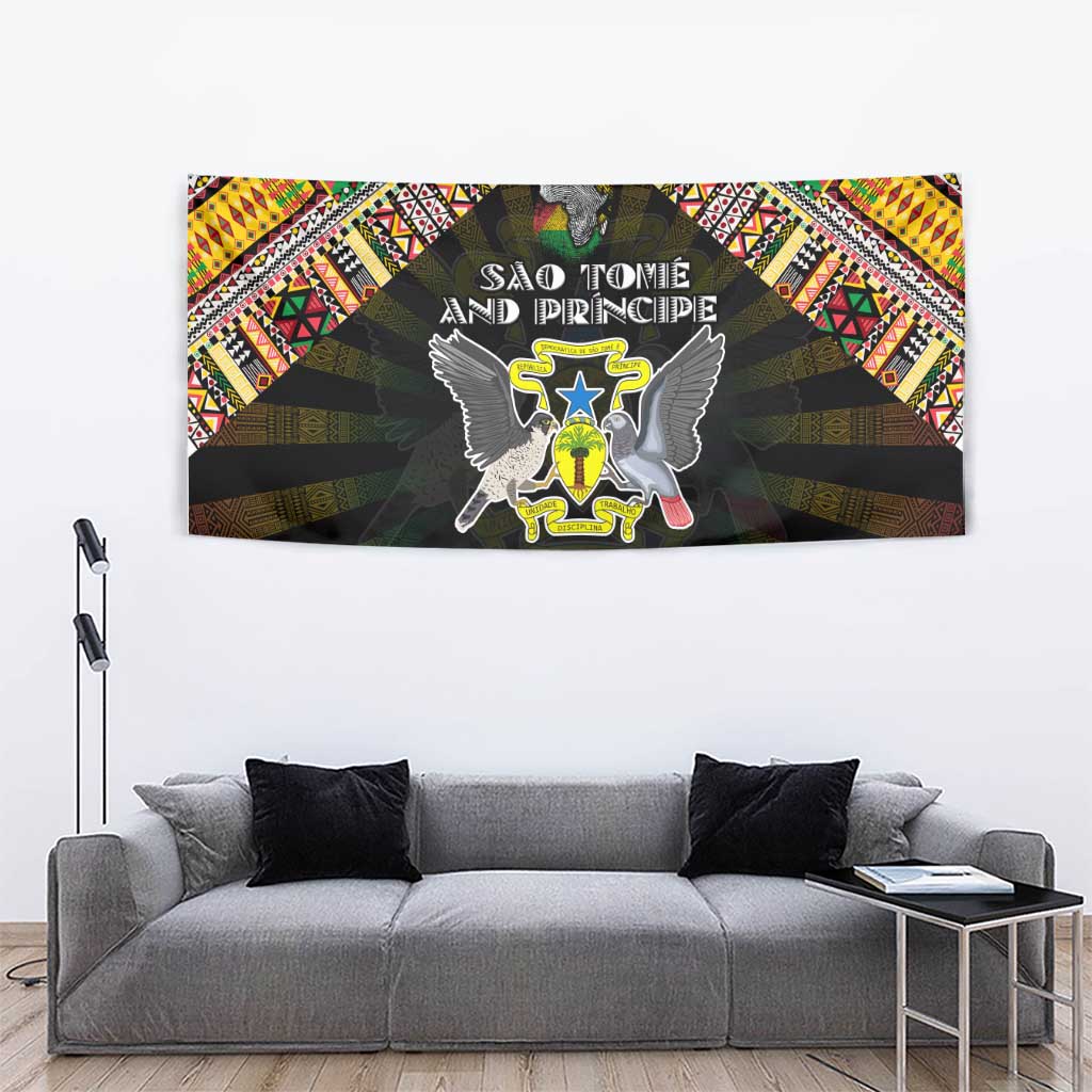 Sao Tome and Principe Roots Tapestry African Map in Fingerprint and Tribal Colors