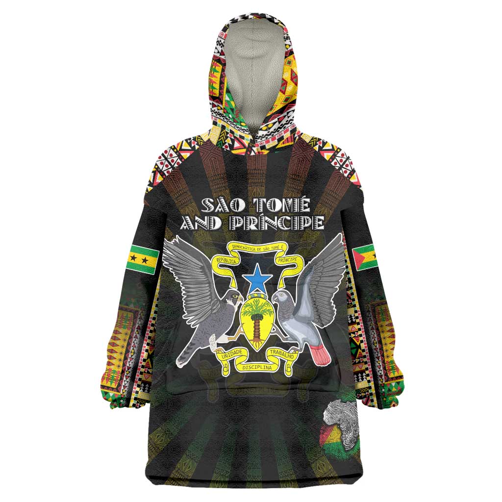 Personalized Sao Tome and Principe Roots Wearable Blanket Hoodie African Map in Fingerprint and Tribal Colors