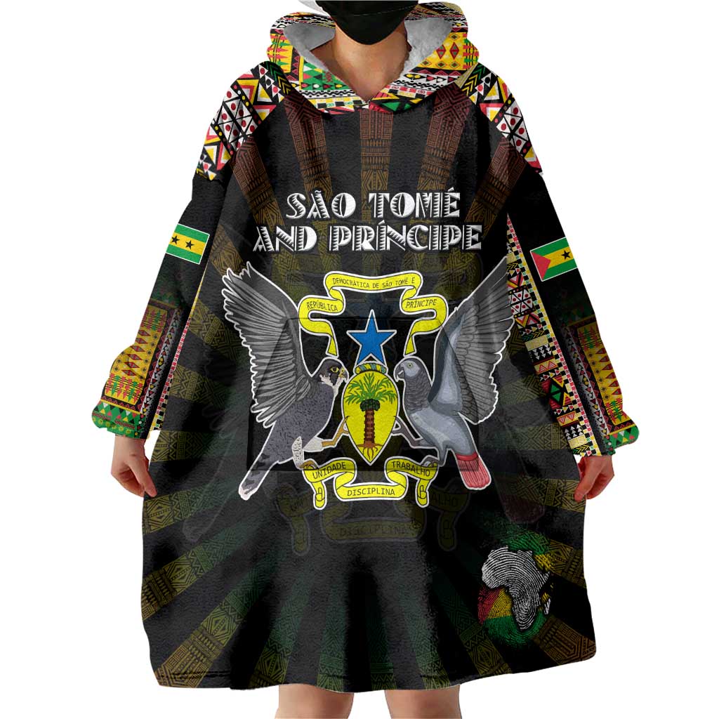 Personalized Sao Tome and Principe Roots Wearable Blanket Hoodie African Map in Fingerprint and Tribal Colors