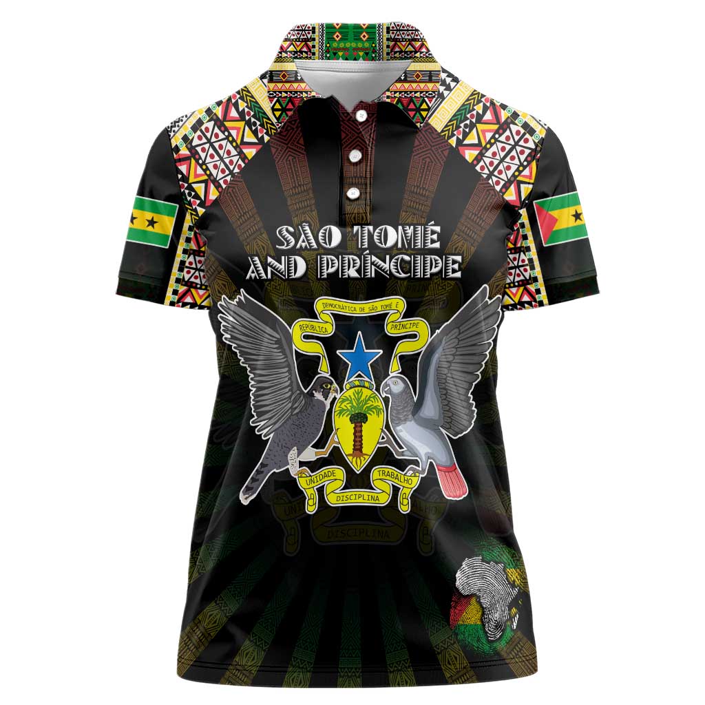 Personalized Sao Tome and Principe Roots Women Polo Shirt African Map in Fingerprint and Tribal Colors