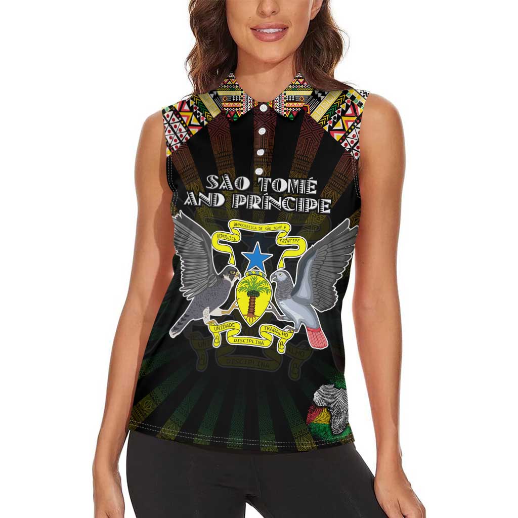 Personalized Sao Tome and Principe Roots Women Sleeveless Polo Shirt African Map in Fingerprint and Tribal Colors