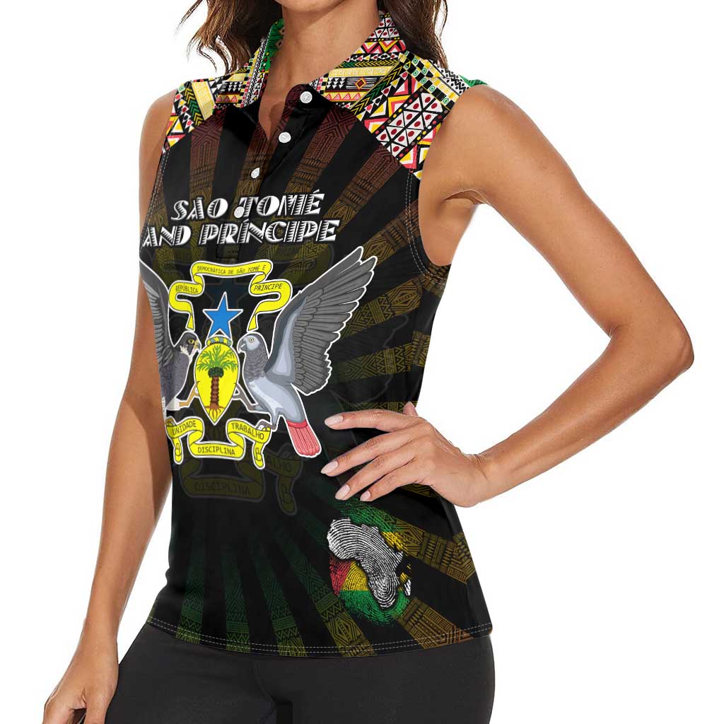Personalized Sao Tome and Principe Roots Women Sleeveless Polo Shirt African Map in Fingerprint and Tribal Colors