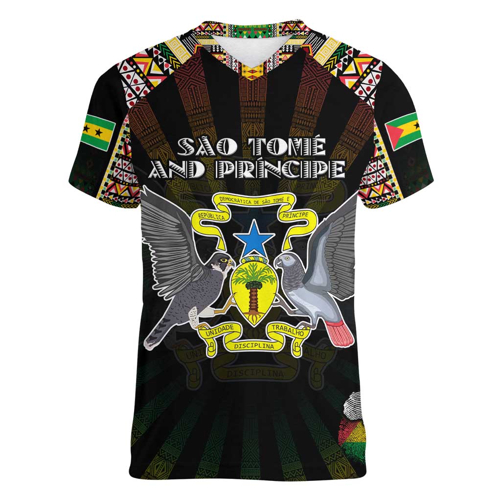 Personalized Sao Tome and Principe Roots Women V-Neck T-Shirt African Map in Fingerprint and Tribal Colors