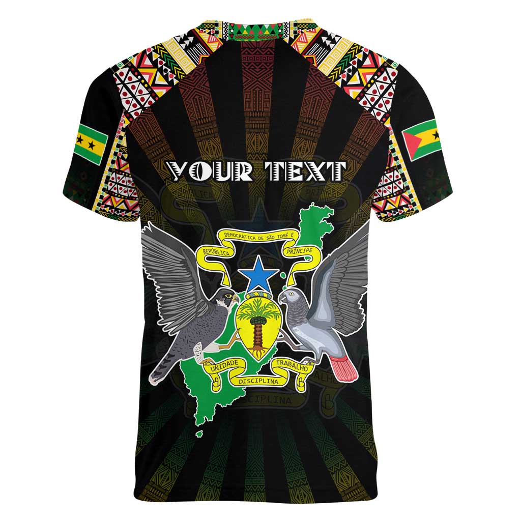 Personalized Sao Tome and Principe Roots Women V-Neck T-Shirt African Map in Fingerprint and Tribal Colors