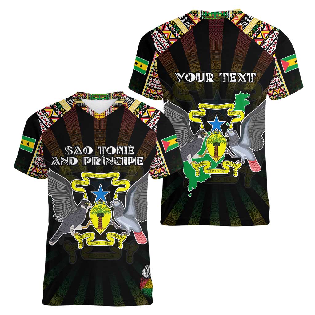 Personalized Sao Tome and Principe Roots Women V-Neck T-Shirt African Map in Fingerprint and Tribal Colors