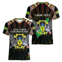 Personalized Sao Tome and Principe Roots Women V-Neck T-Shirt African Map in Fingerprint and Tribal Colors