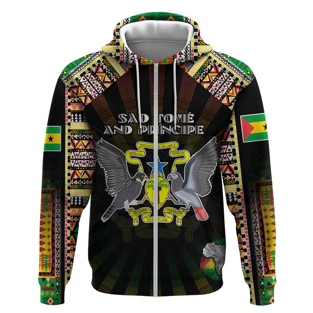 Personalized Sao Tome and Principe Roots Zip Hoodie African Map in Fingerprint and Tribal Colors