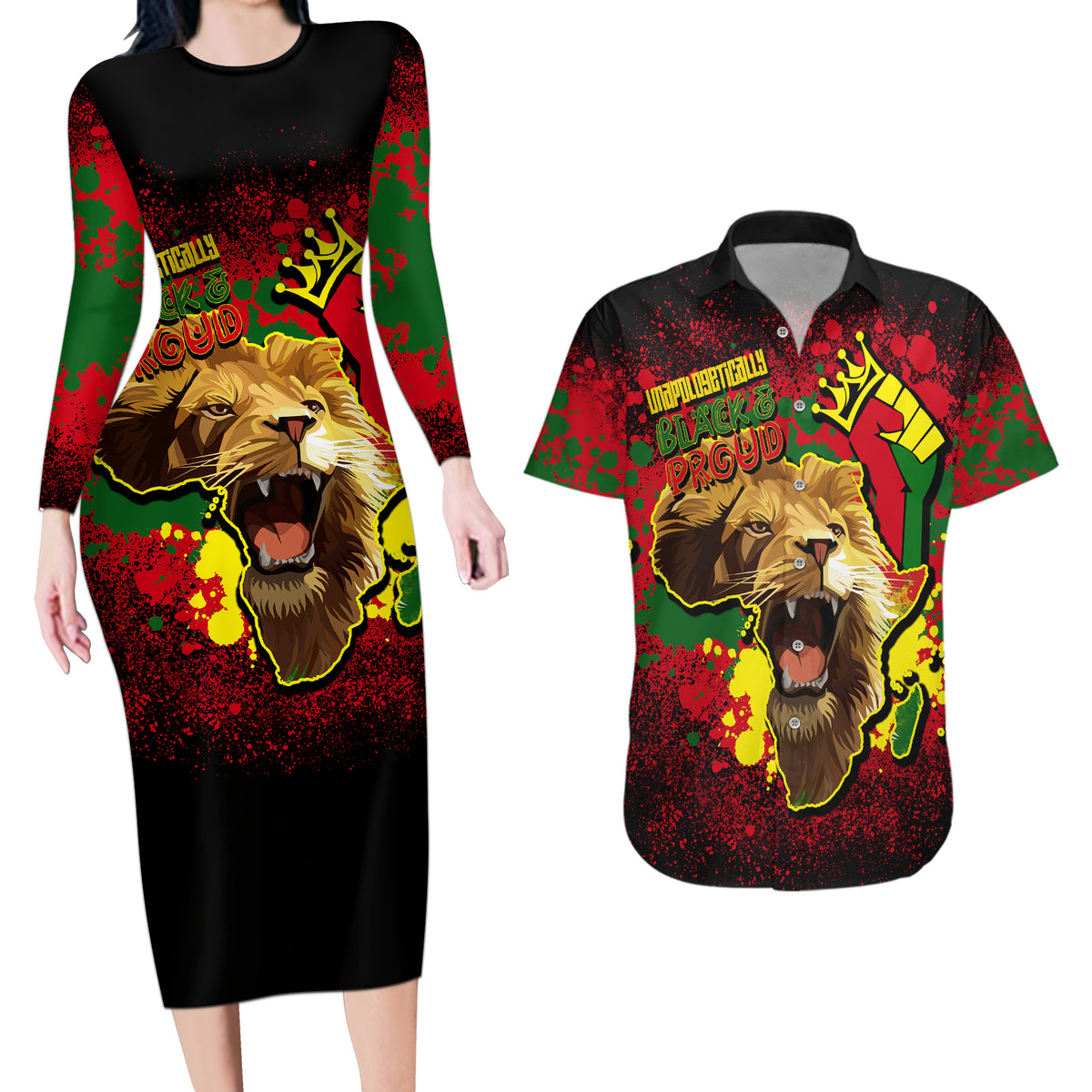 Unapologetically Black and Proud Couples Matching Long Sleeve Bodycon Dress and Hawaiian Shirt Africa Map with Lion - Wonder Print Shop