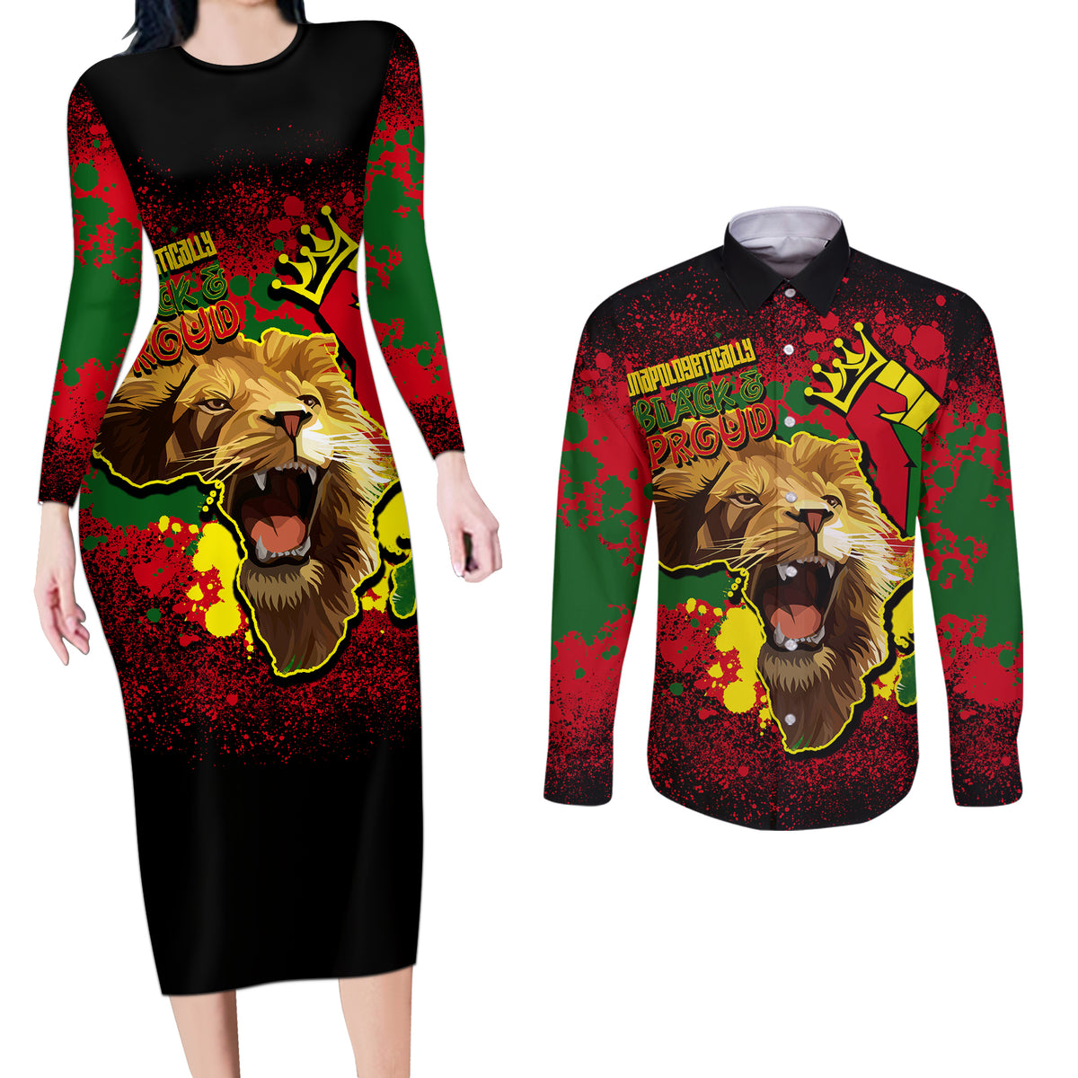 Unapologetically Black and Proud Couples Matching Long Sleeve Bodycon Dress and Long Sleeve Button Shirts Africa Map with Lion - Wonder Print Shop