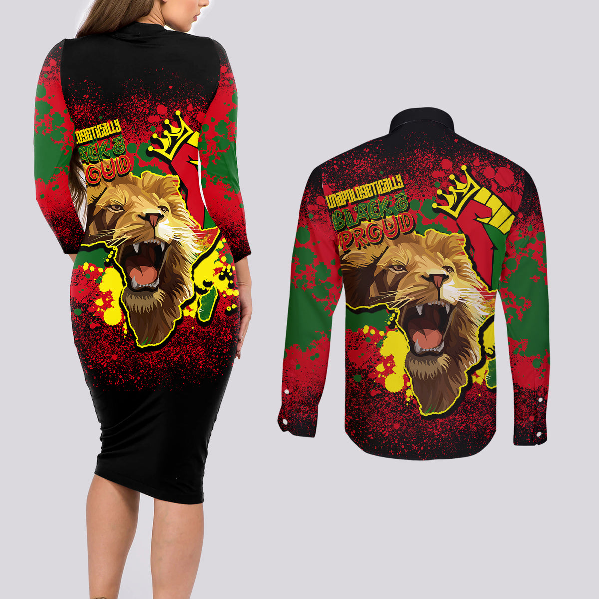 Unapologetically Black and Proud Couples Matching Long Sleeve Bodycon Dress and Long Sleeve Button Shirts Africa Map with Lion - Wonder Print Shop