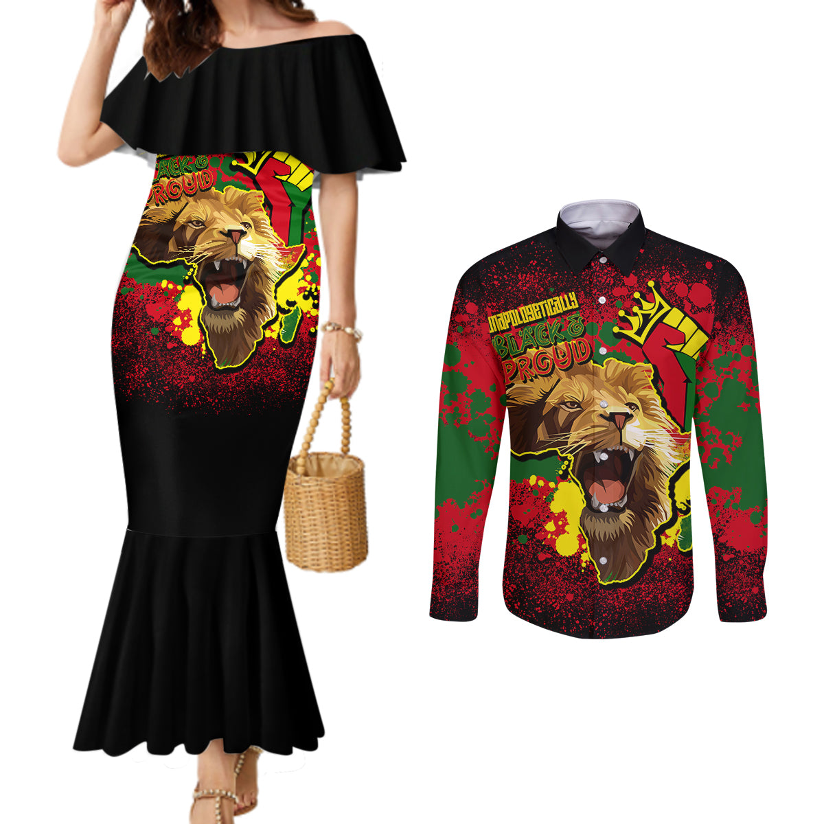unapologetically-black-and-proud-couples-matching-mermaid-dress-and-long-sleeve-button-shirts-africa-map-with-lion