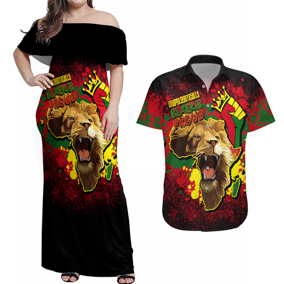 Unapologetically Black and Proud Couples Matching Off Shoulder Maxi Dress and Hawaiian Shirt Africa Map with Lion - Wonder Print Shop